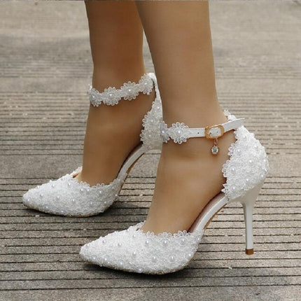 Women Shoes Lace Pearl Princess Pointed Shoes, Size:34(White 9.5 cm)-garmade.com