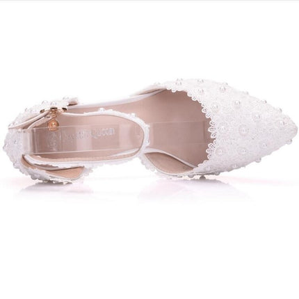 Women Shoes Lace Pearl Princess Pointed Shoes, Size:35(White 9.5 cm)-garmade.com