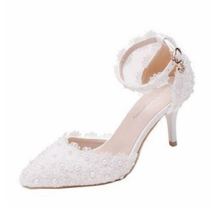 Women Shoes Lace Pearl Princess Pointed Shoes, Size:36(White 7.5 cm)-garmade.com