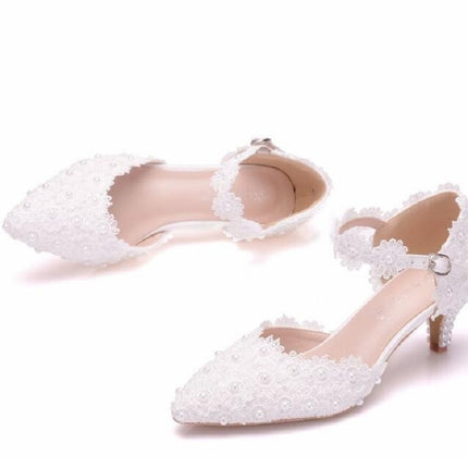 Women Shoes Lace Pearl Princess Pointed Shoes, Size:36(White 9.5 cm)-garmade.com