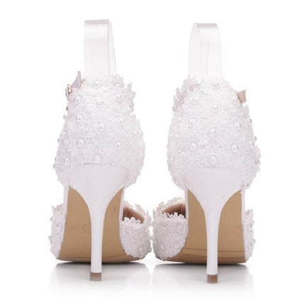 Women Shoes Lace Pearl Princess Pointed Shoes, Size:37(White 5.5 cm)-garmade.com