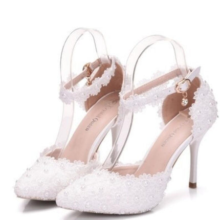 Women Shoes Lace Pearl Princess Pointed Shoes, Size:38(White 9.5 cm)-garmade.com