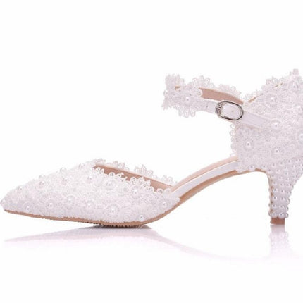 Women Shoes Lace Pearl Princess Pointed Shoes, Size:39(White 9.5 cm)-garmade.com