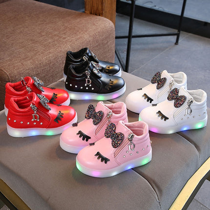 Kids Shoes Baby Infant Girls Eyelash Crystal Bowknot LED Luminous Boots Shoes Sneakers, Size:21(White)-garmade.com