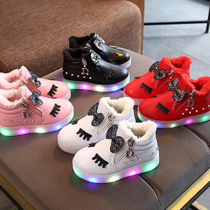 Kids Shoes Baby Infant Girls Eyelash Crystal Bowknot LED Luminous Boots Shoes Sneakers, Size:21(White)-garmade.com
