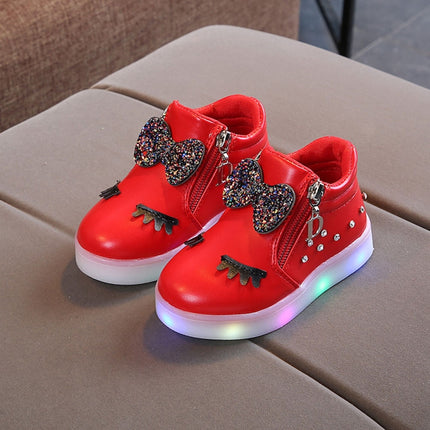 Kids Shoes Baby Infant Girls Eyelash Crystal Bowknot LED Luminous Boots Shoes Sneakers, Size:21(Red)-garmade.com