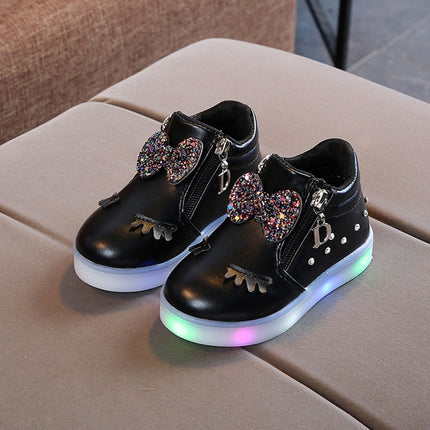 Kids Shoes Baby Infant Girls Eyelash Crystal Bowknot LED Luminous Boots Shoes Sneakers, Size:21(Black)-garmade.com