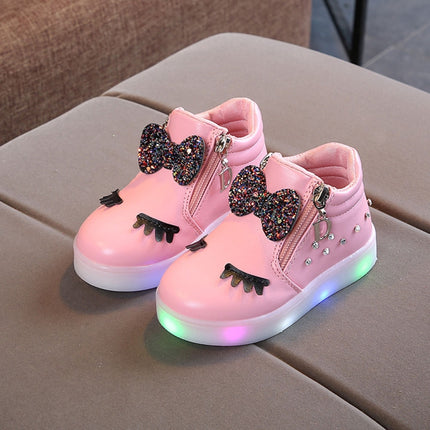 Kids Shoes Baby Infant Girls Eyelash Crystal Bowknot LED Luminous Boots Shoes Sneakers, Size:23(Pink)-garmade.com