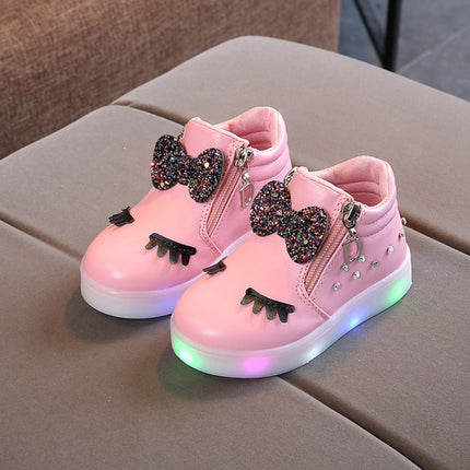 Kids Shoes Baby Infant Girls Eyelash Crystal Bowknot LED Luminous Boots Shoes Sneakers, Size:25(Pink)-garmade.com