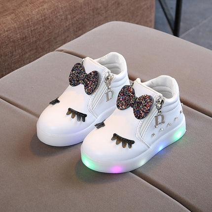 Kids Shoes Baby Infant Girls Eyelash Crystal Bowknot LED Luminous Boots Shoes Sneakers, Size:27(White)-garmade.com