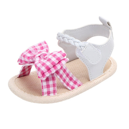 Bow Plaid Soft Weave Crib Anti-Slip Baby Girls Summer Shoes Anti-Slip Single Sandals, Size:11(Pink)-garmade.com