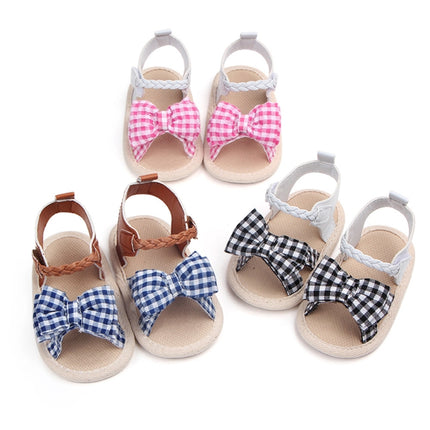 Bow Plaid Soft Weave Crib Anti-Slip Baby Girls Summer Shoes Anti-Slip Single Sandals, Size:11(Pink)-garmade.com