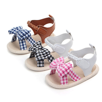 Bow Plaid Soft Weave Crib Anti-Slip Baby Girls Summer Shoes Anti-Slip Single Sandals, Size:11(Black & White)-garmade.com