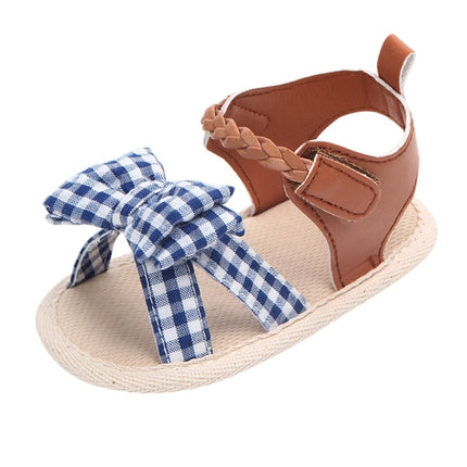 Bow Plaid Soft Weave Crib Anti-Slip Baby Girls Summer Shoes Anti-Slip Single Sandals, Size:12(Blue)-garmade.com