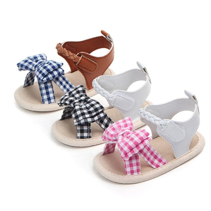 Bow Plaid Soft Weave Crib Anti-Slip Baby Girls Summer Shoes Anti-Slip Single Sandals, Size:12(Blue)-garmade.com