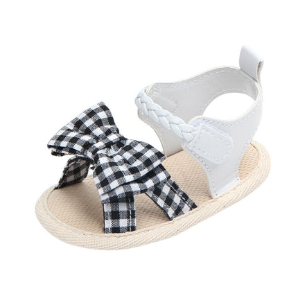 Bow Plaid Soft Weave Crib Anti-Slip Baby Girls Summer Shoes Anti-Slip Single Sandals, Size:12(Black & White)-garmade.com