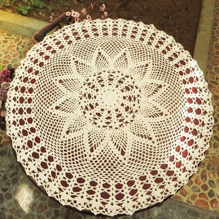 Exquisite Handmade Crochet Hook Flower Garden Mori Cotton Lace Openwork Woven Round Tablecloth, Size:60cm Diameter(Beige)-garmade.com