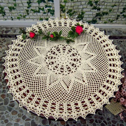 Exquisite Handmade Crochet Hook Flower Garden Mori Cotton Lace Openwork Woven Round Tablecloth, Size:60cm Diameter(Beige)-garmade.com