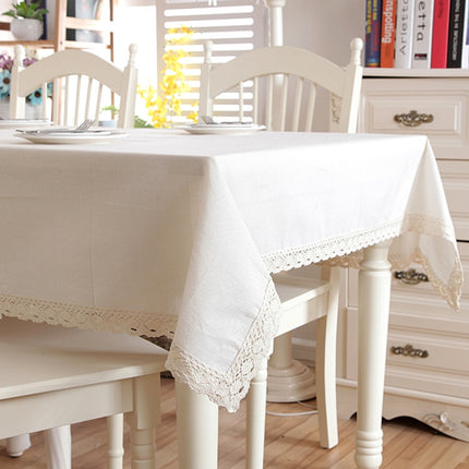 Linen Cotton Thicken Tablecloth Hem Splice Washable Coffee Dinner Table Cloth for Wedding Banquet, Size:140x140cm(White Lace)-garmade.com