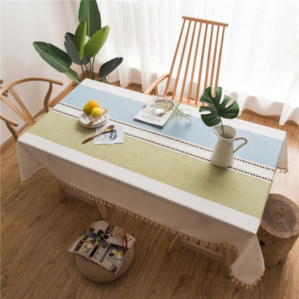 Rectangle Cotton Linen Tassels Dining Tablecloth Wedding Party Kitchen Home Decoration Table Cover, Size:100x140cm(Blue Green Straight Line)-garmade.com