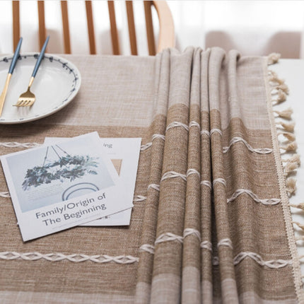 Rectangle Cotton Linen Tassels Dining Tablecloth Wedding Party Kitchen Home Decoration Table Cover, Size:140x260cm(Brown)-garmade.com