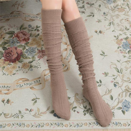 Spring and Autumn Cotton Over-knee Socks Preppy Style Jacquard Stockings(Khaki)-garmade.com