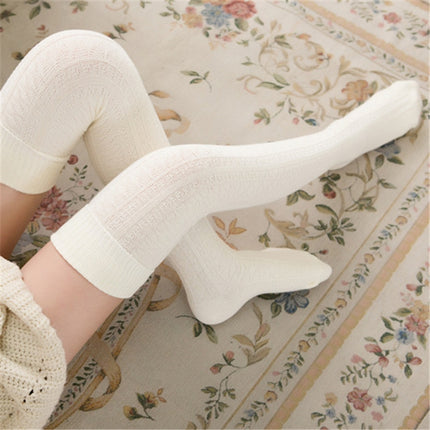 Spring and Autumn Cotton Over-knee Socks Preppy Style Jacquard Stockings(White)-garmade.com