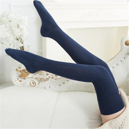Spring and Autumn Cotton Over-knee Socks Preppy Style Jacquard Stockings(Navy Blue)-garmade.com