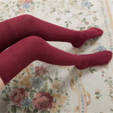 Spring and Autumn Cotton Over-knee Socks Preppy Style Jacquard Stockings(Wine Red)-garmade.com