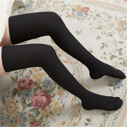 Spring and Autumn Cotton Over-knee Socks Preppy Style Jacquard Stockings(Black)-garmade.com