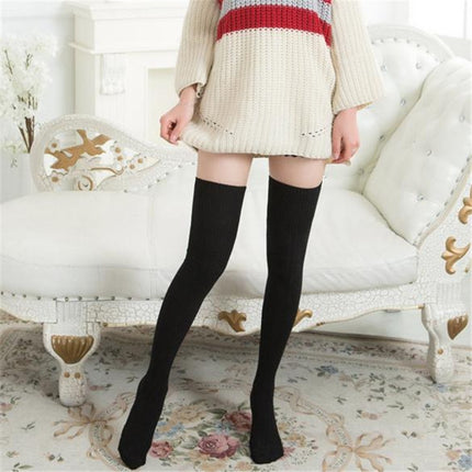 Spring and Autumn Cotton Over-knee Socks Preppy Style Jacquard Stockings(Black)-garmade.com