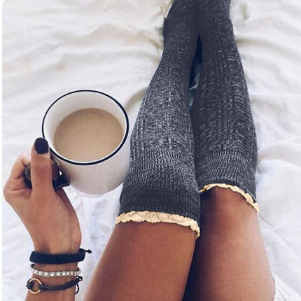 Warm Lace Over The Knee Socks Stack Socks Woman(Dark Grey)-garmade.com