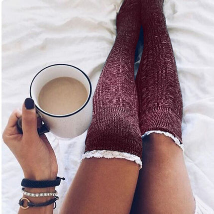 Warm Lace Over The Knee Socks Stack Socks Woman(Wine Red)-garmade.com