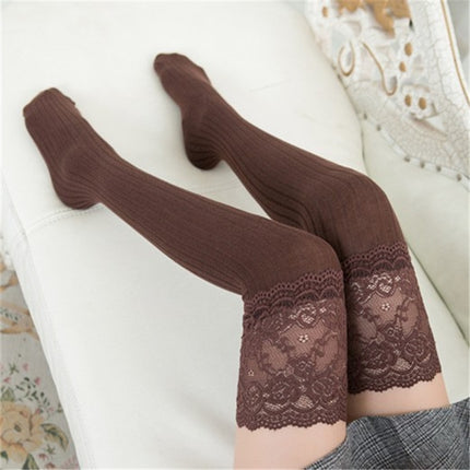 Lace Stockings Above The Knee Non-Slip Thigh Socks Cotton Vertical Stripe Socks(Coffee)-garmade.com