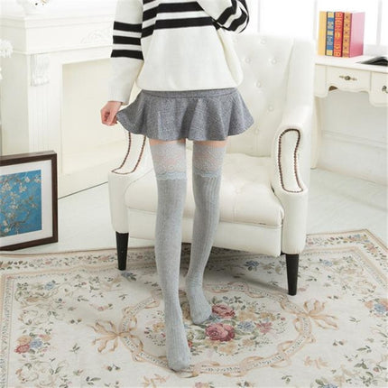 Lace Stockings Above The Knee Non-Slip Thigh Socks Cotton Vertical Stripe Socks(Light Grey)-garmade.com