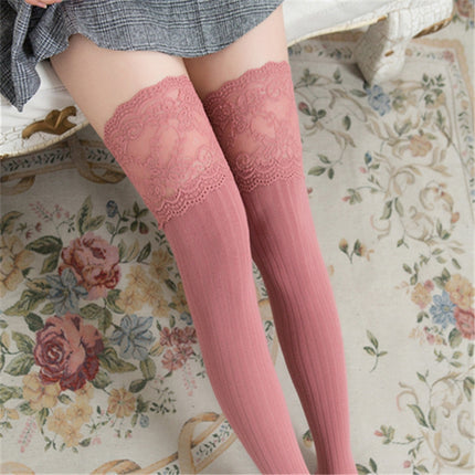Lace Stockings Above The Knee Non-Slip Thigh Socks Cotton Vertical Stripe Socks(Pink)-garmade.com