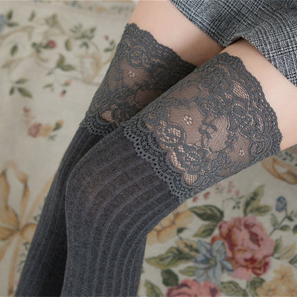 Lace Stockings Above The Knee Non-Slip Thigh Socks Cotton Vertical Stripe Socks(Pink)-garmade.com