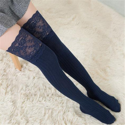 Lace Stockings Above The Knee Non-Slip Thigh Socks Cotton Vertical Stripe Socks(Navy Blue)-garmade.com