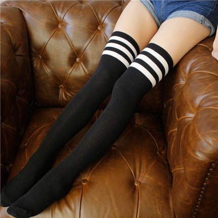 Black White Striped College Style Long Socks Thigh Socks One Size(Black)-garmade.com