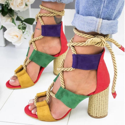 Women Shoes Openwork Color Block Hemp Lace Up High Heels, Size:35(Green)-garmade.com
