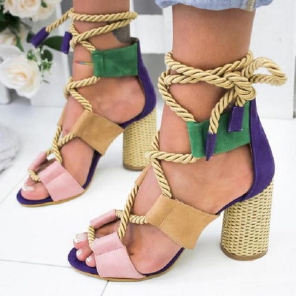 Women Shoes Openwork Color Block Hemp Lace Up High Heels, Size:35(Beige)-garmade.com