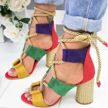 Women Shoes Openwork Color Block Hemp Lace Up High Heels, Size:36(Green)-garmade.com