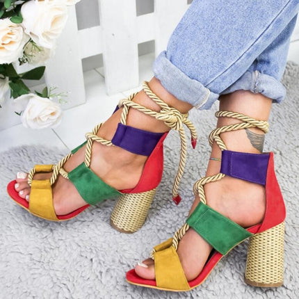 Women Shoes Openwork Color Block Hemp Lace Up High Heels, Size:36(Green)-garmade.com