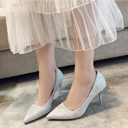 Women Shoes Shallow Glitter Frosted Stiletto, Size:34(Silver)-garmade.com