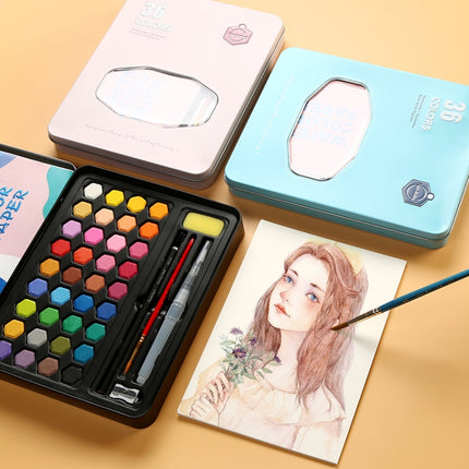 36 Color Solid Watercolor Paint Portable Tin Box Beginner Hand-painted Painting Tool Set / Single Box (Black)-garmade.com
