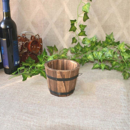 Balcony Vegetable Succulent Carbonized Wood Flower Pot Retro Small Wooden Bucket Home Decoration, Size:S, Style:Flat Mouth-garmade.com