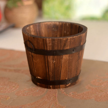 Balcony Vegetable Succulent Carbonized Wood Flower Pot Retro Small Wooden Bucket Home Decoration, Size:S, Style:Flat Mouth-garmade.com