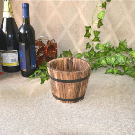 Balcony Vegetable Succulent Carbonized Wood Flower Pot Retro Small Wooden Bucket Home Decoration, Size:M, Style:Flat Mouth-garmade.com