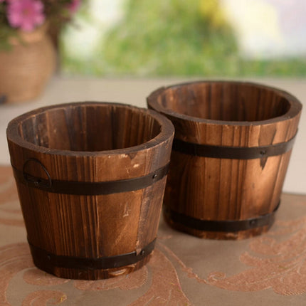 Balcony Vegetable Succulent Carbonized Wood Flower Pot Retro Small Wooden Bucket Home Decoration, Size:L, Style:Flat Mouth-garmade.com