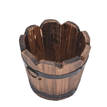 Balcony Vegetable Succulent Carbonized Wood Flower Pot Retro Small Wooden Bucket Home Decoration, Size:M, Style:Wave Mouth-garmade.com